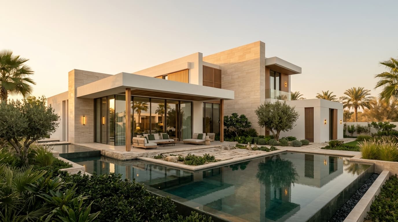 Contemporary Gulf villa surrounded by palms and reflective pools