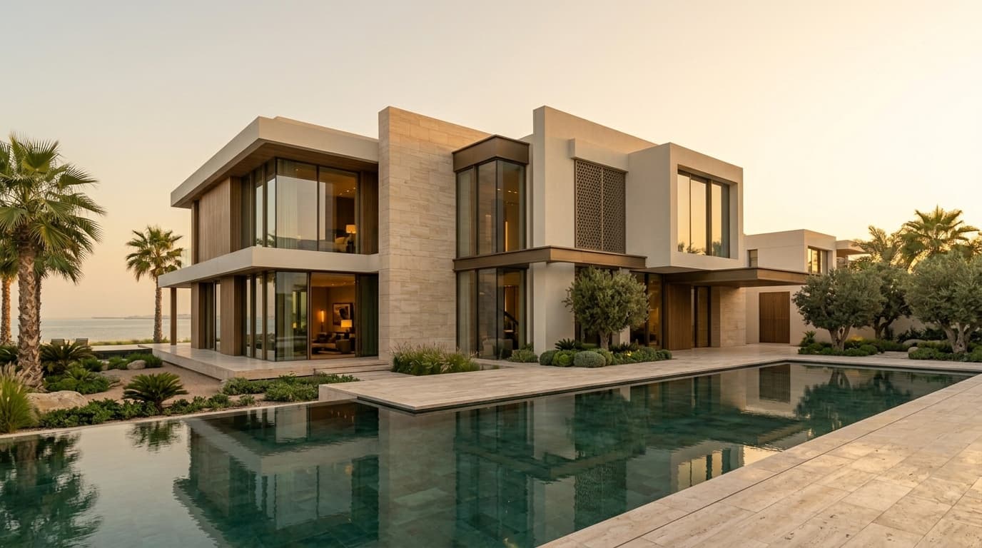 Contemporary courtyard residence beside a reflective pool