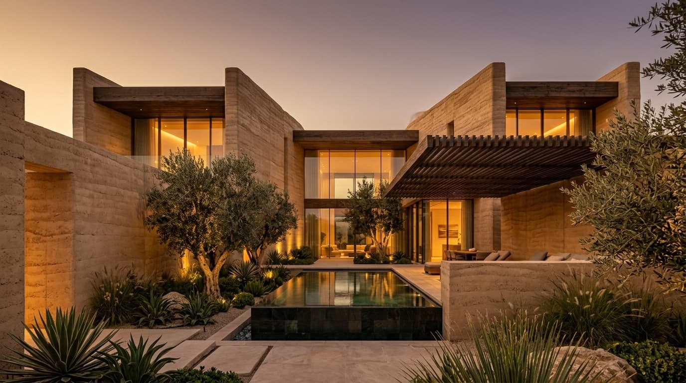 Warm stone residence arranged around a landscaped courtyard