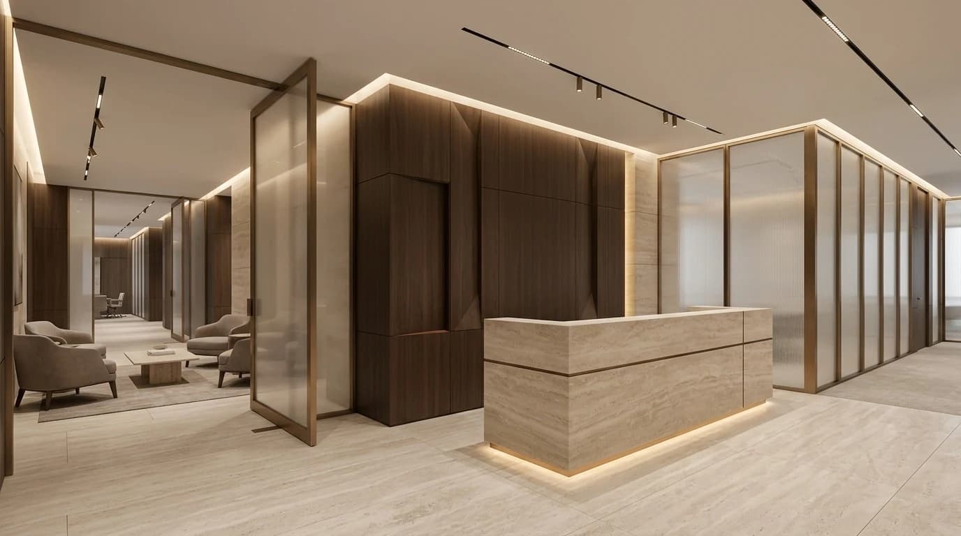 Premium executive office reception with limestone and dark timber finishes