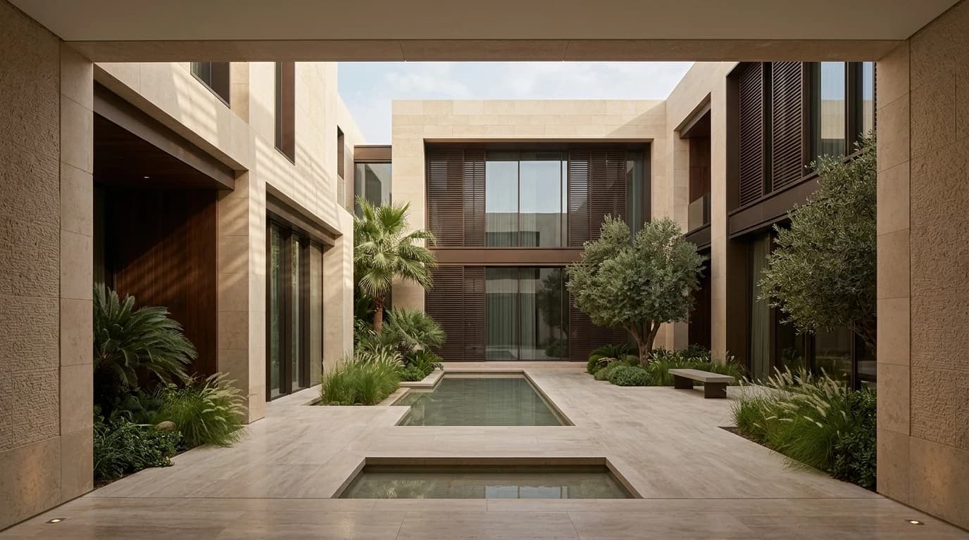 Contemporary limestone residence overlooking a shaded landscaped courtyard