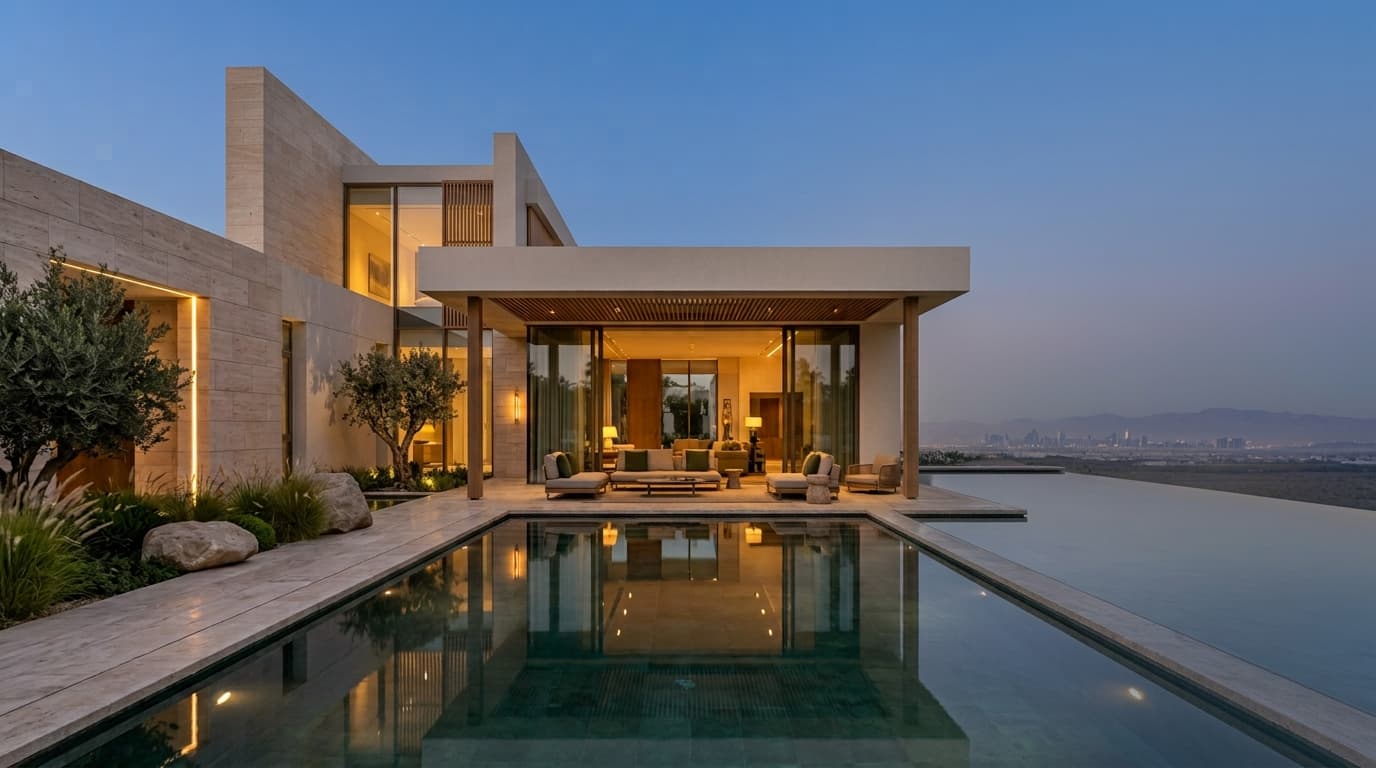 Contemporary HAVEN residence at dusk with illuminated interiors and a reflecting pool